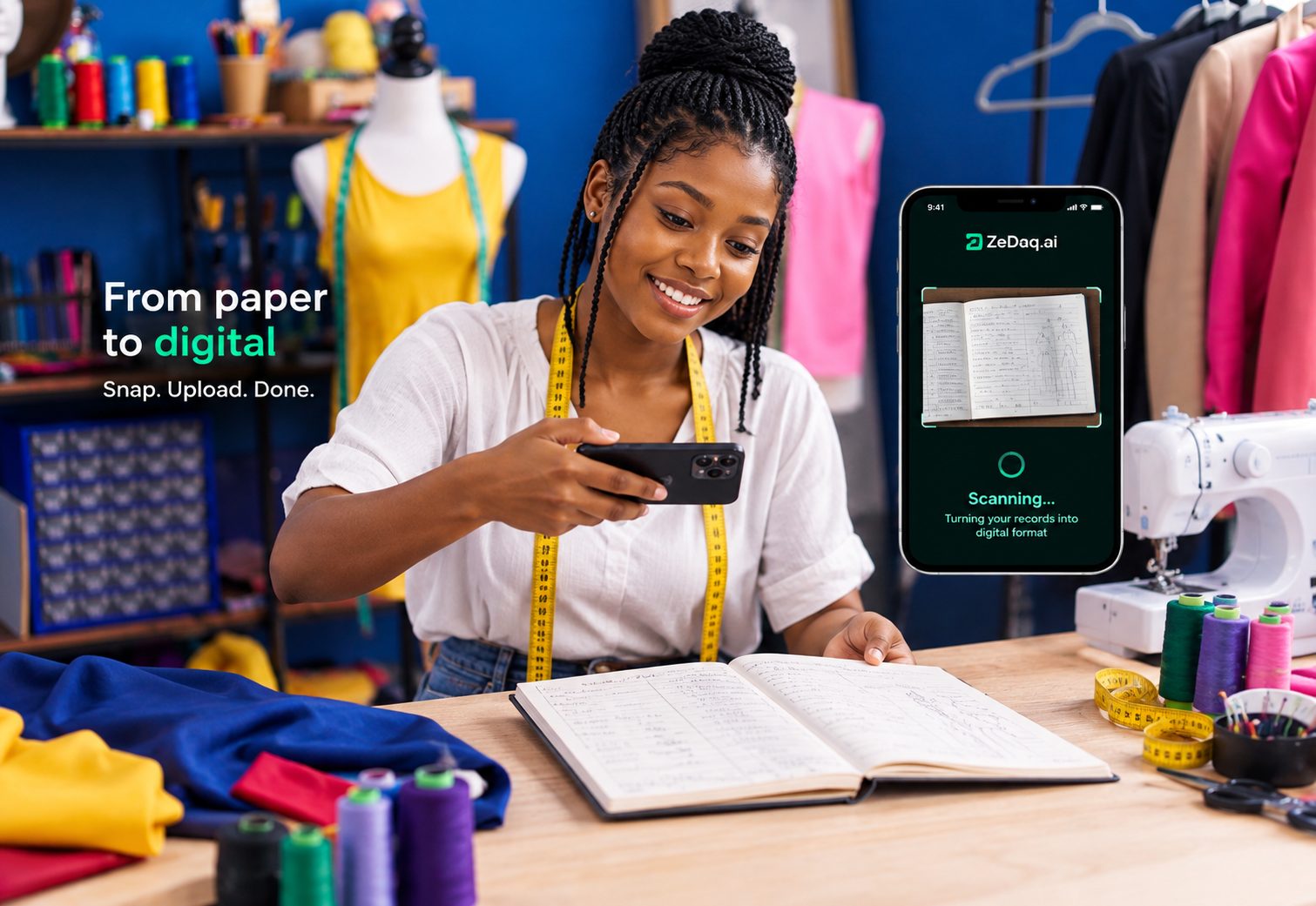 Tailor scanning her paper order book into the Zedaq.ai app