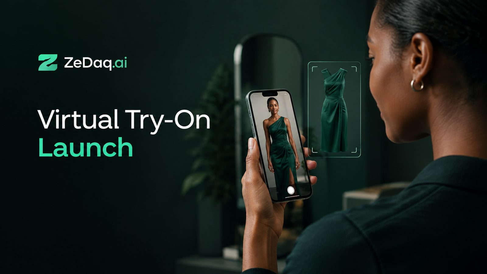 Zedaq.ai virtual try-on launch: a shopper sees a dress on herself through her phone